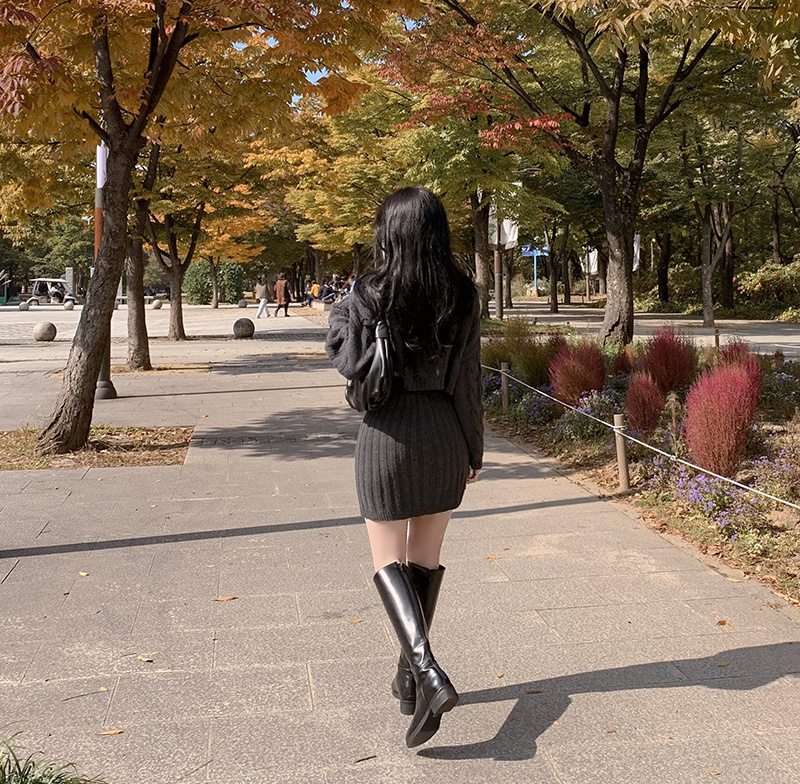 ギャルファッション 冬の韓国風ケーブルニットセーター・タイトスカートセット セットアップ