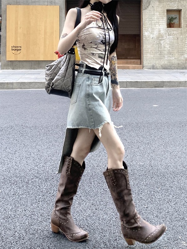 ギャルファッション ハイウエスト変形デニムスカート ダメージ加工