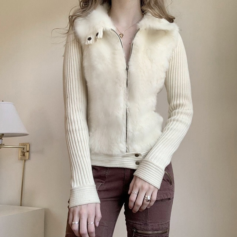 ギャルファッション ファー付きリブニットジップアップジャケット アウター