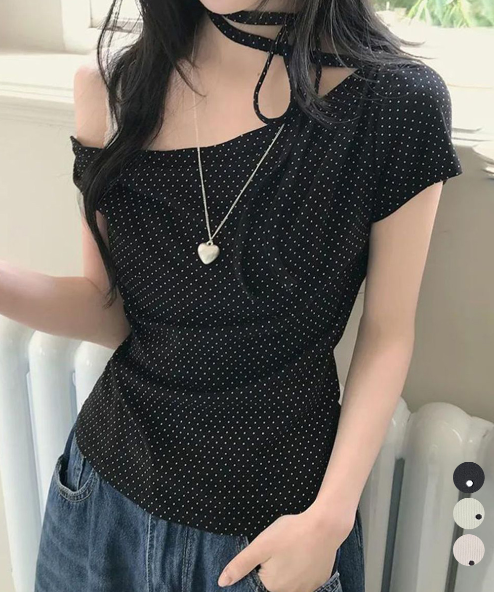 ギャルファッション ドット柄オフショルダートップス チョーカー付き夏半袖