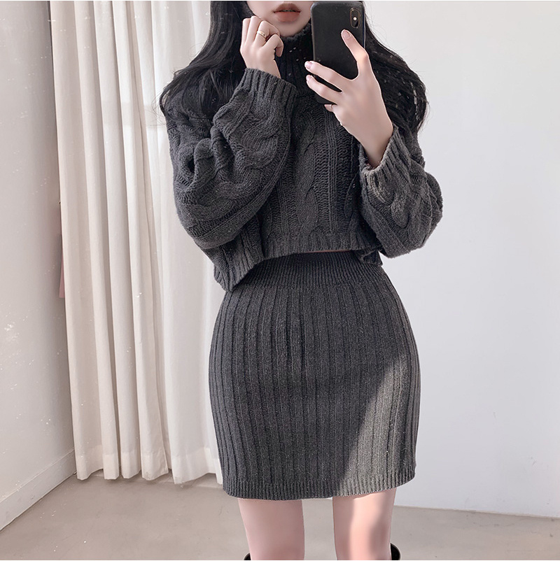 ギャルファッション 冬の韓国風ケーブルニットセーター・タイトスカートセット セットアップ