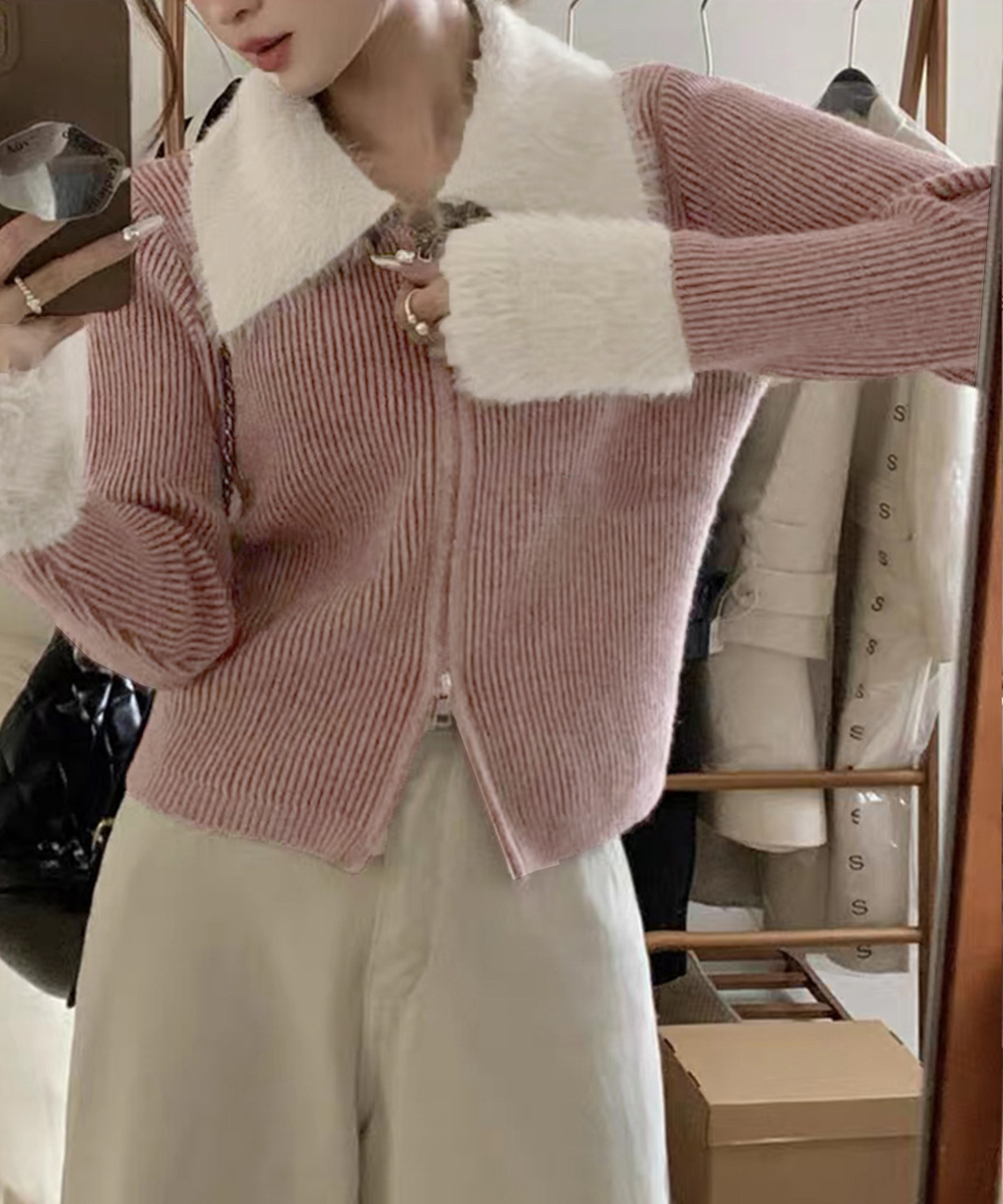 ギャルファッション ファー袖口ダブルジップニットカーディガン