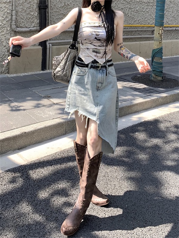 ギャルファッション ハイウエスト変形デニムスカート ダメージ加工