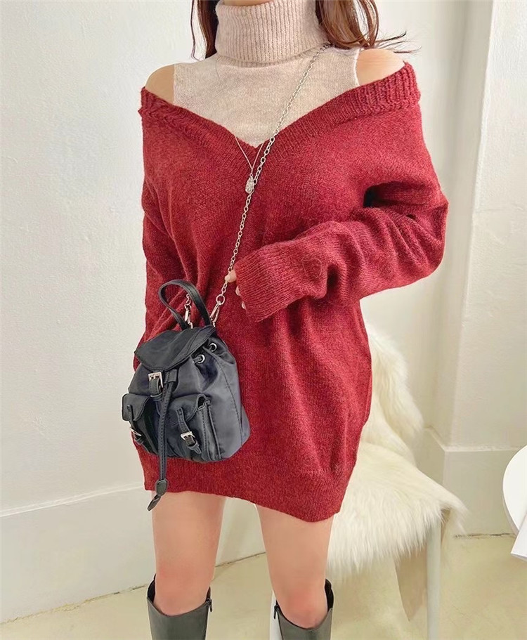 ギャルファッション タートルネック重ね着風ニットワンピース