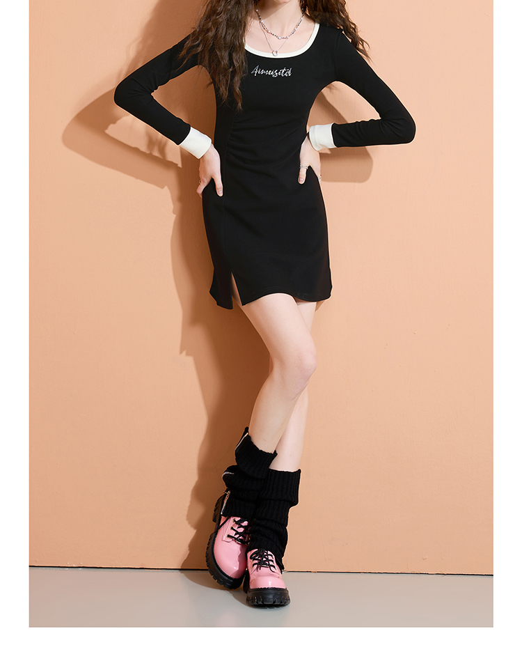 ギャルファッション ワンピース ロゴ入り長袖シンプルミニワンピース