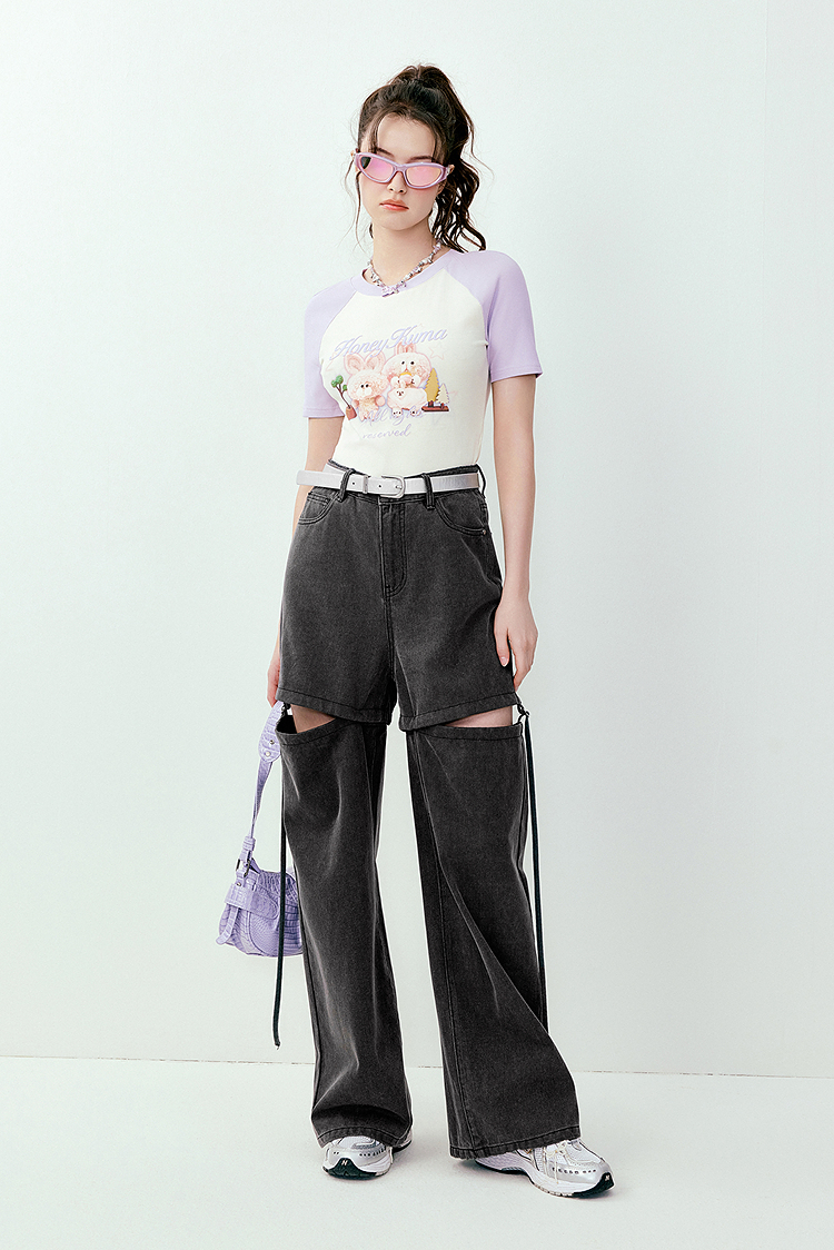 ギャルファッション 二段重ね脱着式ワイドデニム