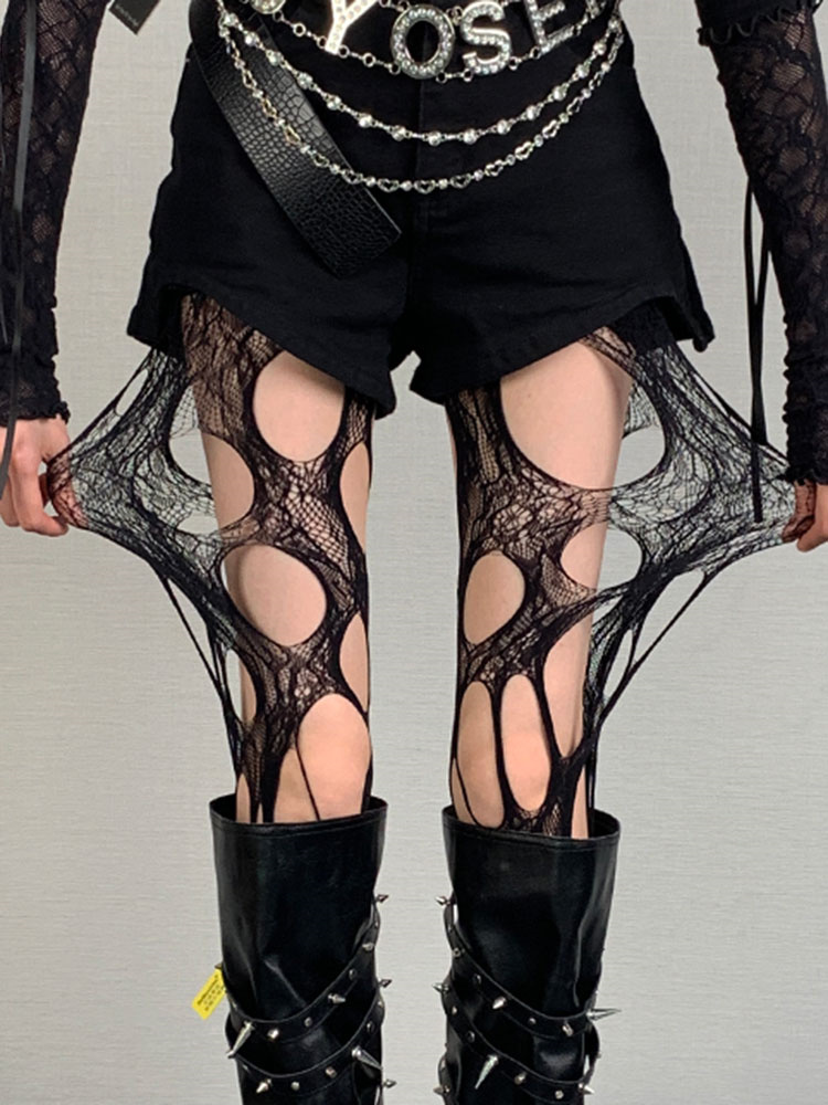 ギャルファッション ゴシック風大胆破れ模様網タイツ