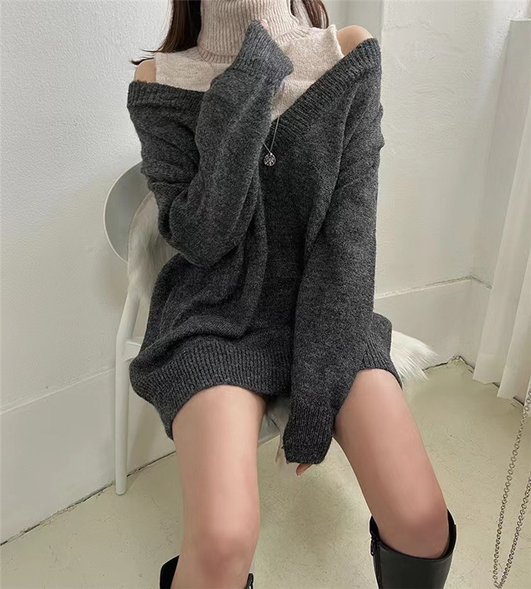 ギャルファッション タートルネック重ね着風ニットワンピース