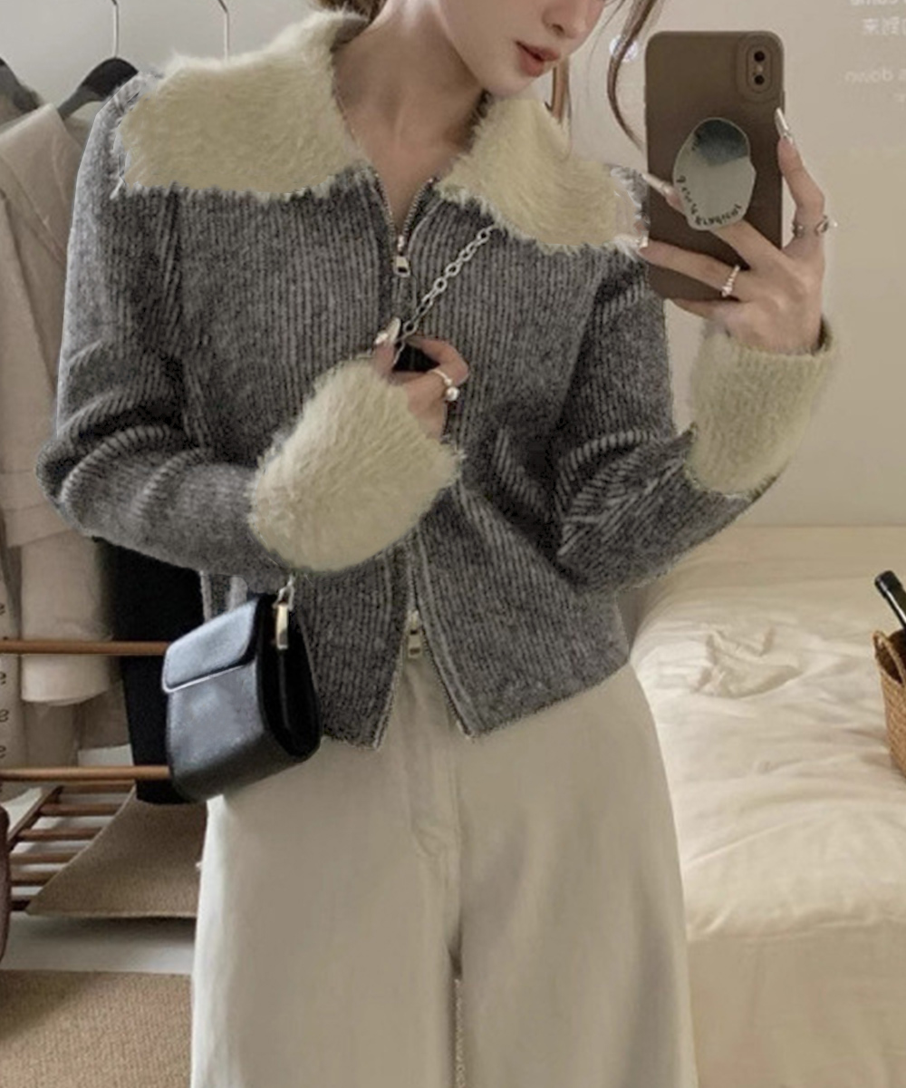 ギャルファッション ファー袖口ダブルジップニットカーディガン