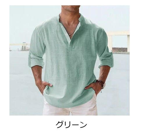 50代メンズファッション トップス リネン素材ゆったりヘンリーネックシャツ