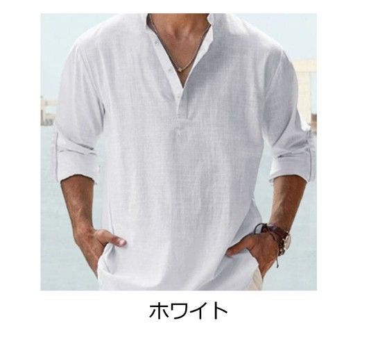 50代メンズファッション トップス リネン素材ゆったりヘンリーネックシャツ