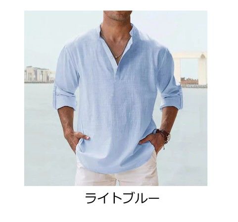 50代メンズファッション トップス リネン素材ゆったりヘンリーネックシャツ