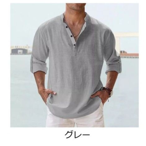 50代メンズファッション トップス リネン素材ゆったりヘンリーネックシャツ