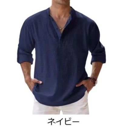 50代メンズファッション トップス リネン素材ゆったりヘンリーネックシャツ