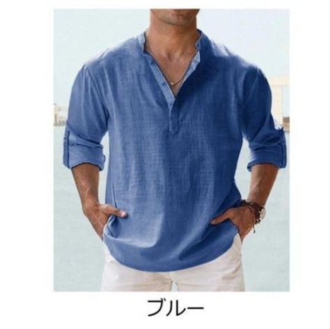 50代メンズファッション トップス リネン素材ゆったりヘンリーネックシャツ
