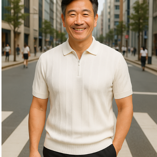 50代メンズファッション 上品ストライプ　【ハーフジップポロシャツ】3カラー