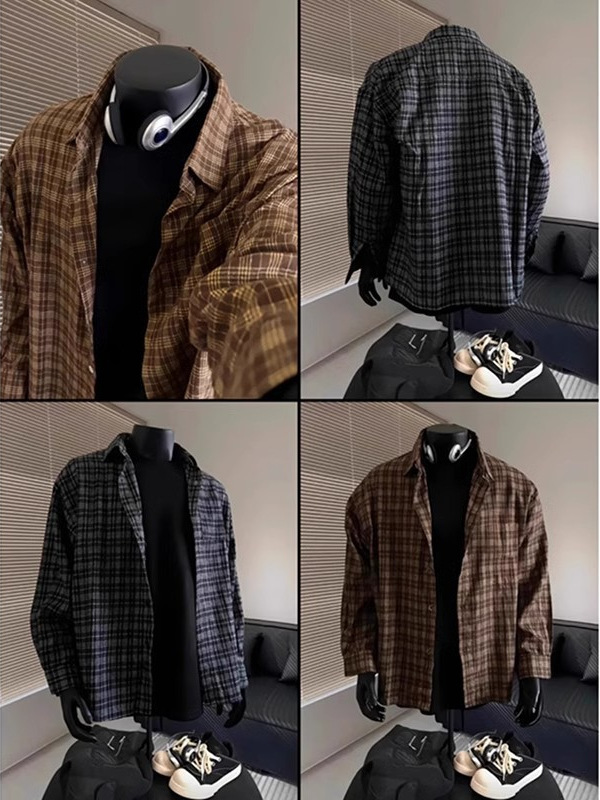 50代メンズファッション トップス ゆったりシルエット チェック柄 長袖シャツ