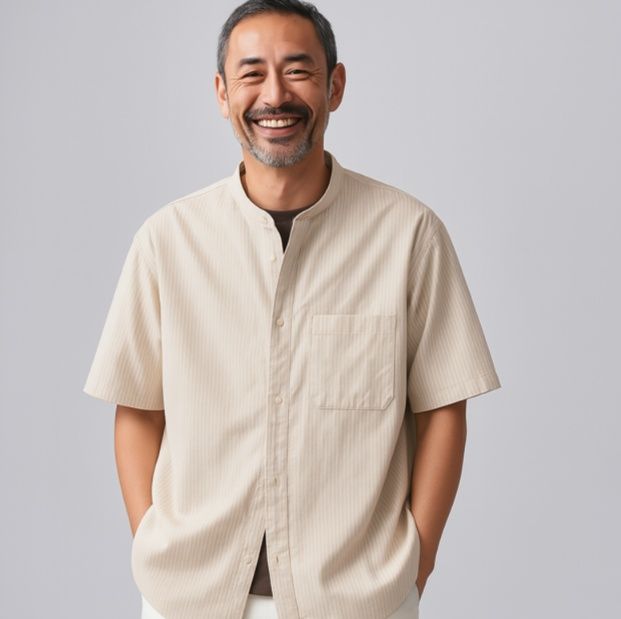 50代メンズファッション 上質【スタンドカラー半袖シャツ】