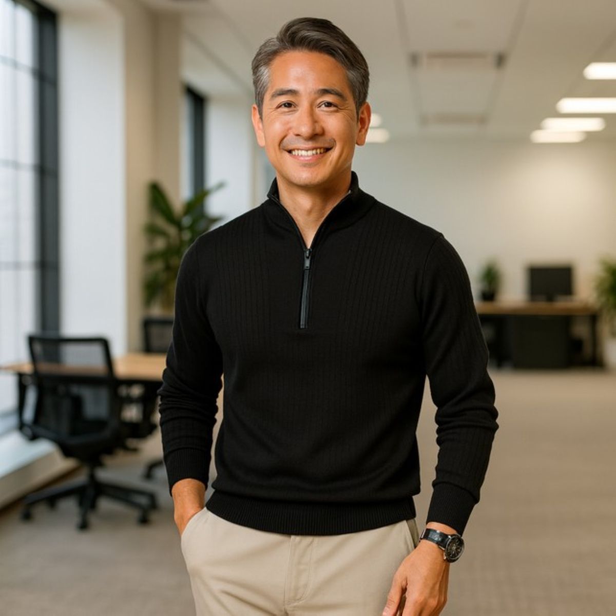 50代メンズファッション　トップス　上質リブ編み 【ハーフジップシャツ】4カラー　