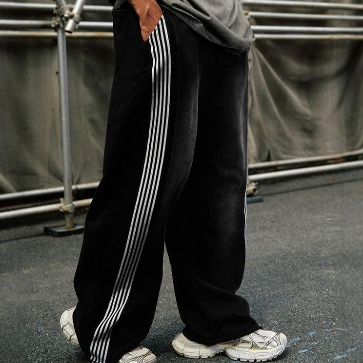 50代メンズファッション パンツ/ズボン ストライプライン入り 【ロング丈ワイドパンツ】