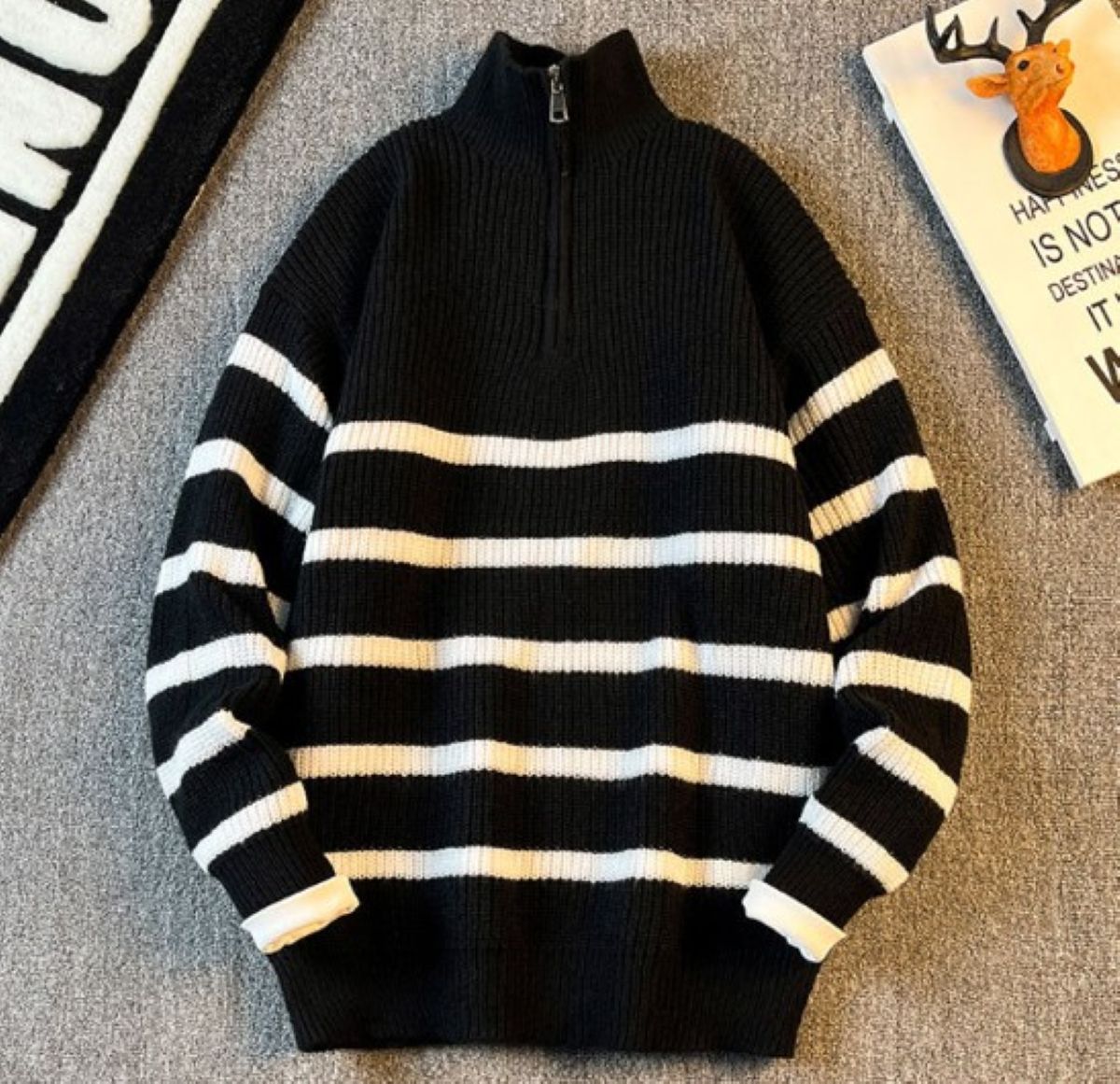 50代メンズファッション トップス ハイネック【ジップハーフストライプニット】
