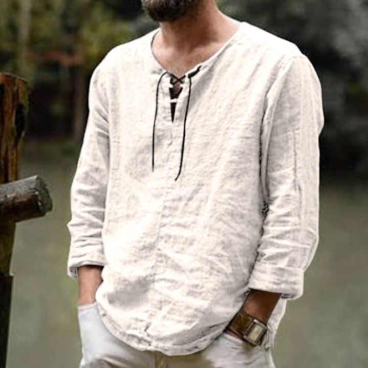 50代メンズファッション 麻素材編み上げ【デザイン長袖シャツ】