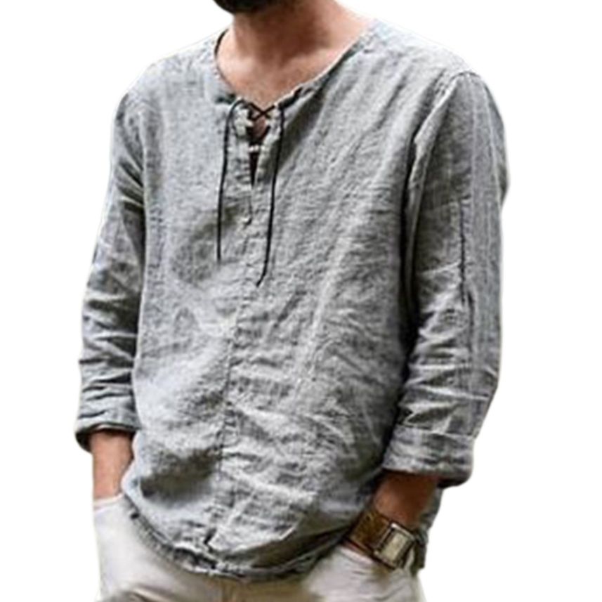 50代メンズファッション 麻素材編み上げ【デザイン長袖シャツ】