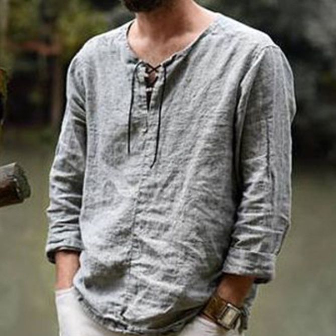 50代メンズファッション 麻素材編み上げ【デザイン長袖シャツ】