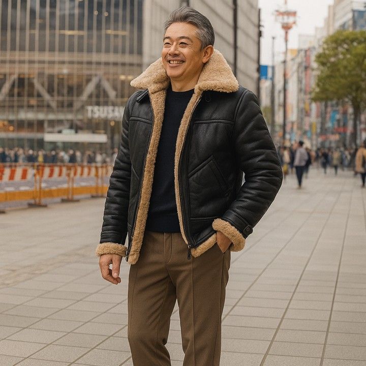 50代メンズファッション 　【本革ムートンライダース・ブルゾン】 *大き目サイズあり