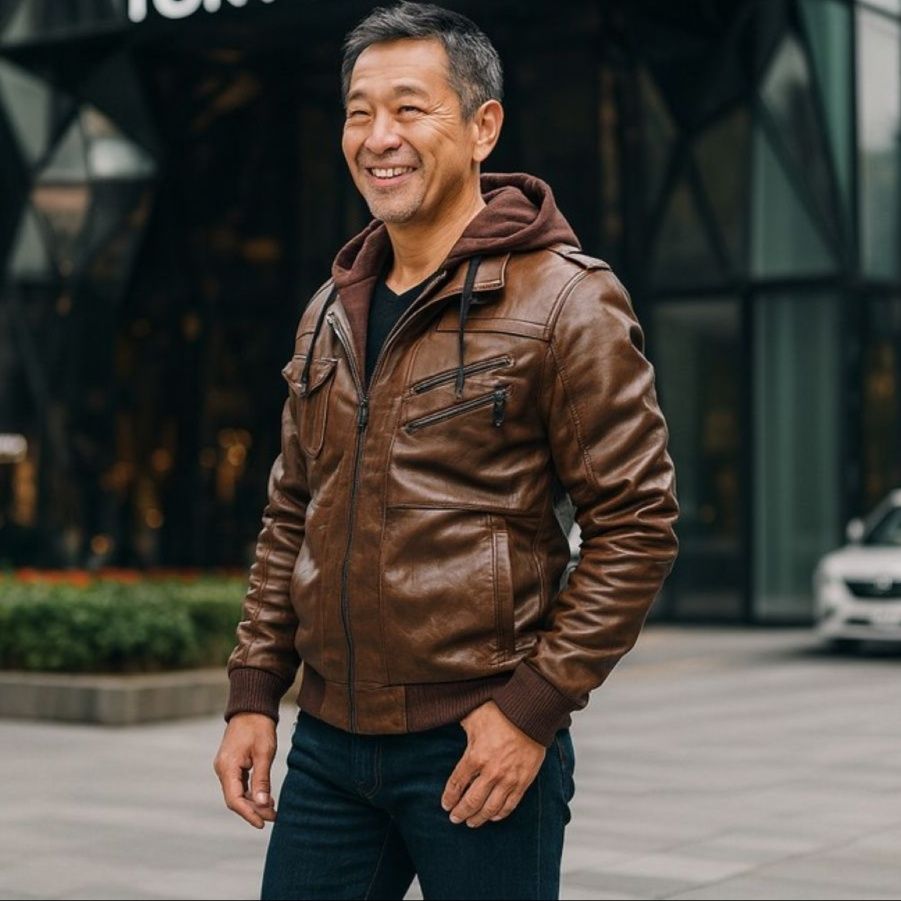 50代メンズファッション フード付き【合成皮革ライダースジャケット】4カラー