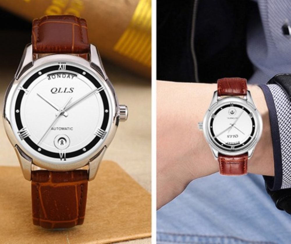 50代メンズファッション 曜日表示付き【自動巻き本革ベルト腕時計】