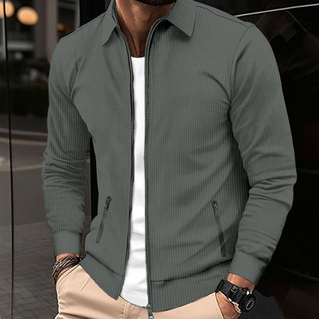 50代メンズファッション　ワッフル地襟付きアウター【ジップアップジャケット】