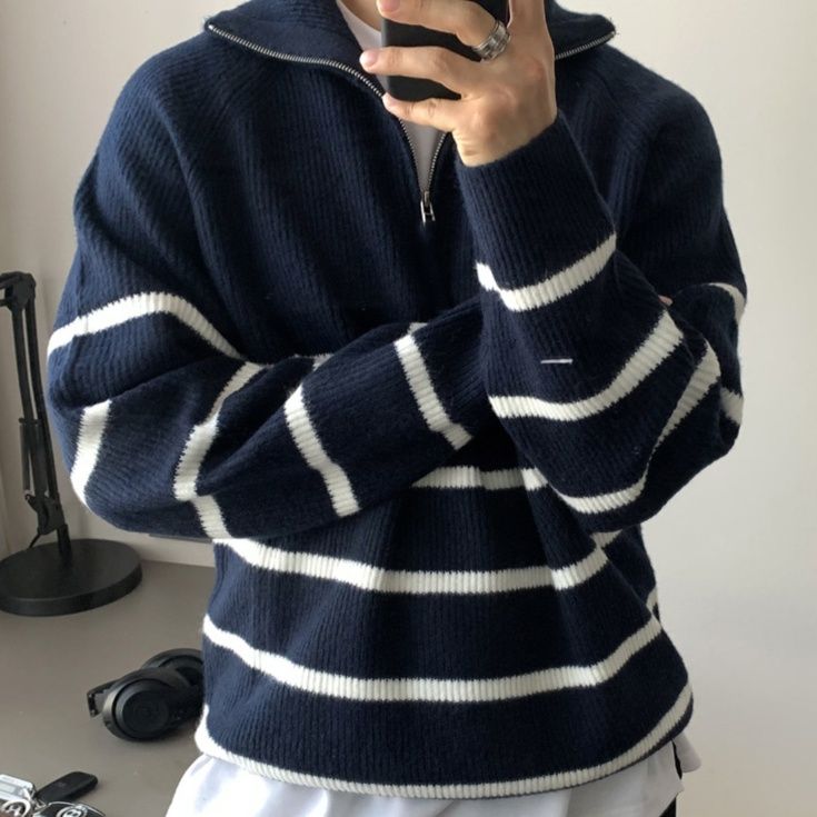 50代メンズファッション トップス ハイネック【ジップハーフストライプニット】