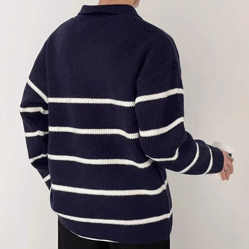 50代メンズファッション トップス ハイネック【ジップハーフストライプニット】