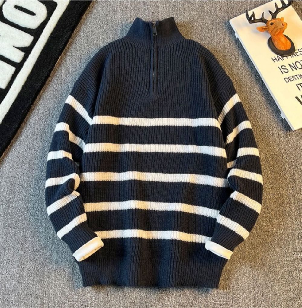 50代メンズファッション トップス ハイネック【ジップハーフストライプニット】