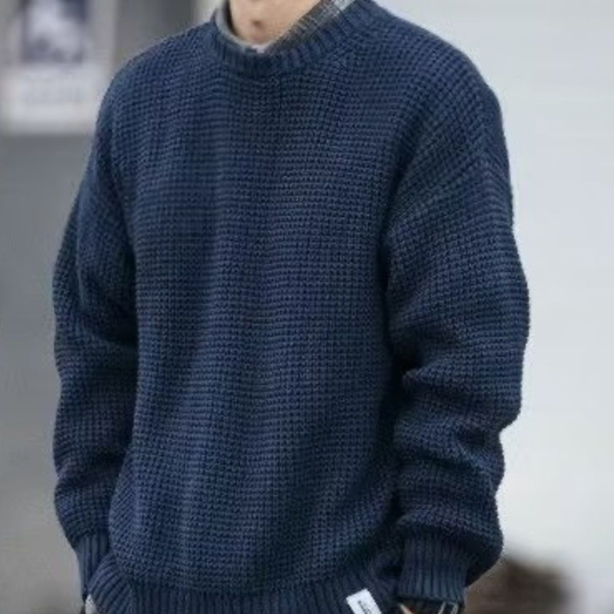 50代メンズファッション ワッフル編み【丸首ニットセーター】