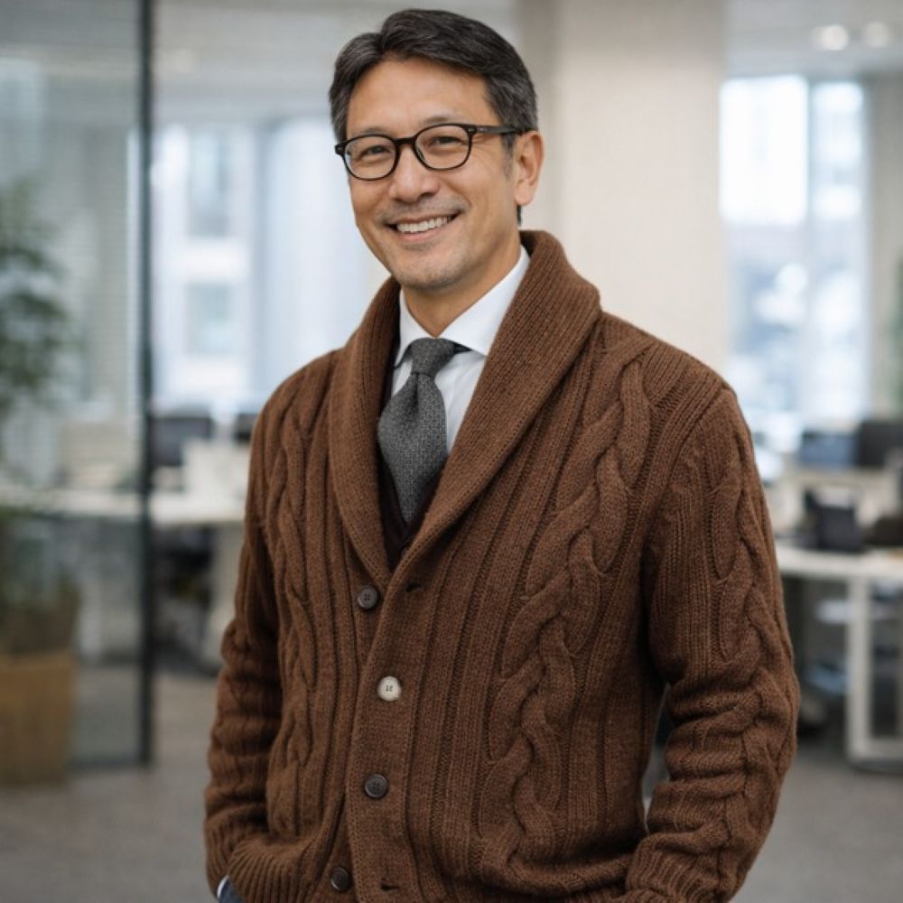 50代メンズファッション ケーブル編みショールカラー【ニットカーディガン】