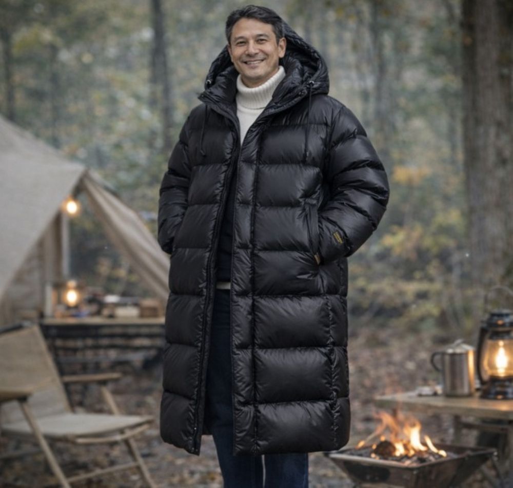 50代メンズファッション 高機能ダウン【ロング丈・フード付き防寒コート】