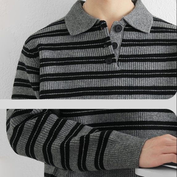 50代メンズファッション　ボーダー柄【長袖ニットセーター襟付】