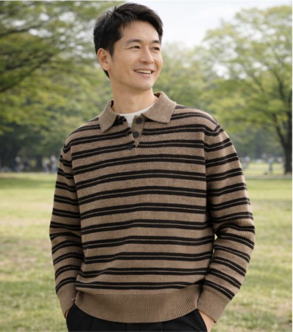 50代メンズファッション　ボーダー柄【長袖ニットセーター襟付】