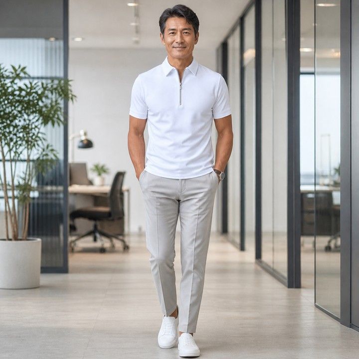 50代メンズファッション 上質コットン 【ハーフジップポロシャツ