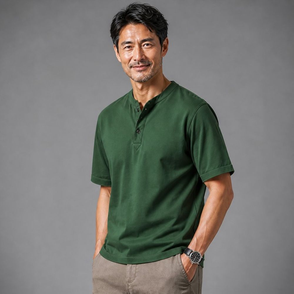 50代メンズファッション 【ヘンリーネック半袖シャツ】5カラー