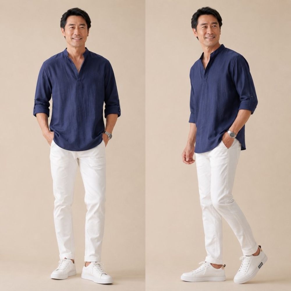 50代メンズファッション  リネン素材ゆったりルーズ【ヘンリーネックシャツ】