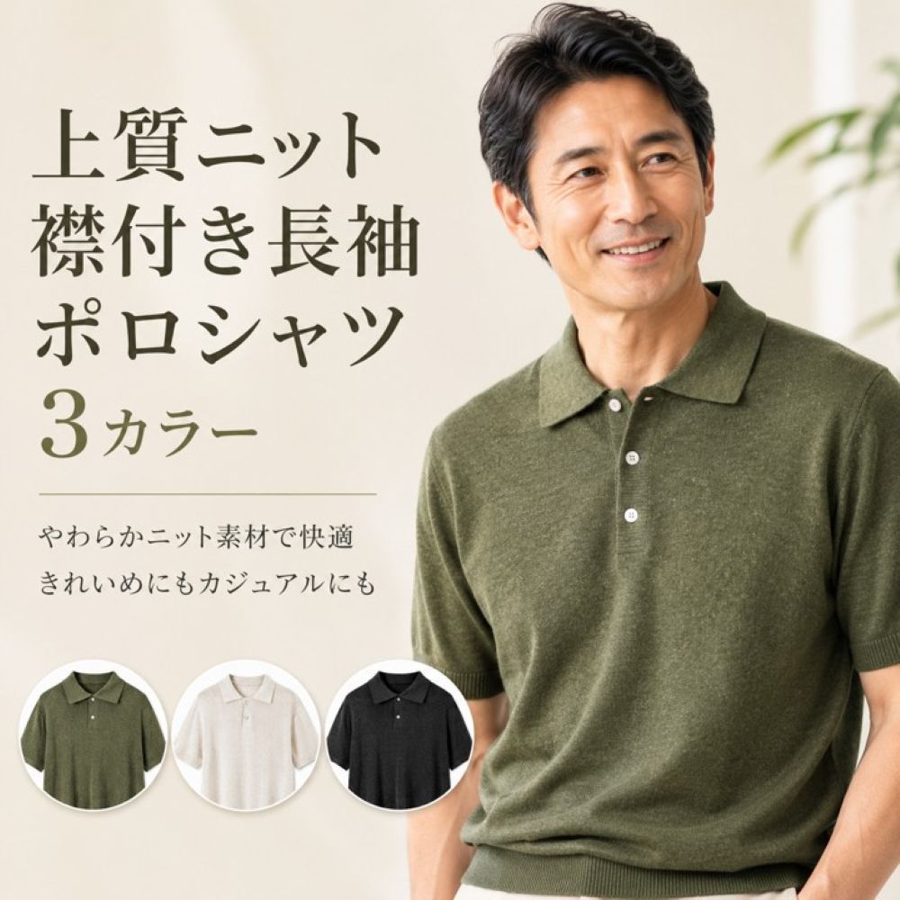 50代メンズファッション 上質ニット襟付き長袖ポロシャツ