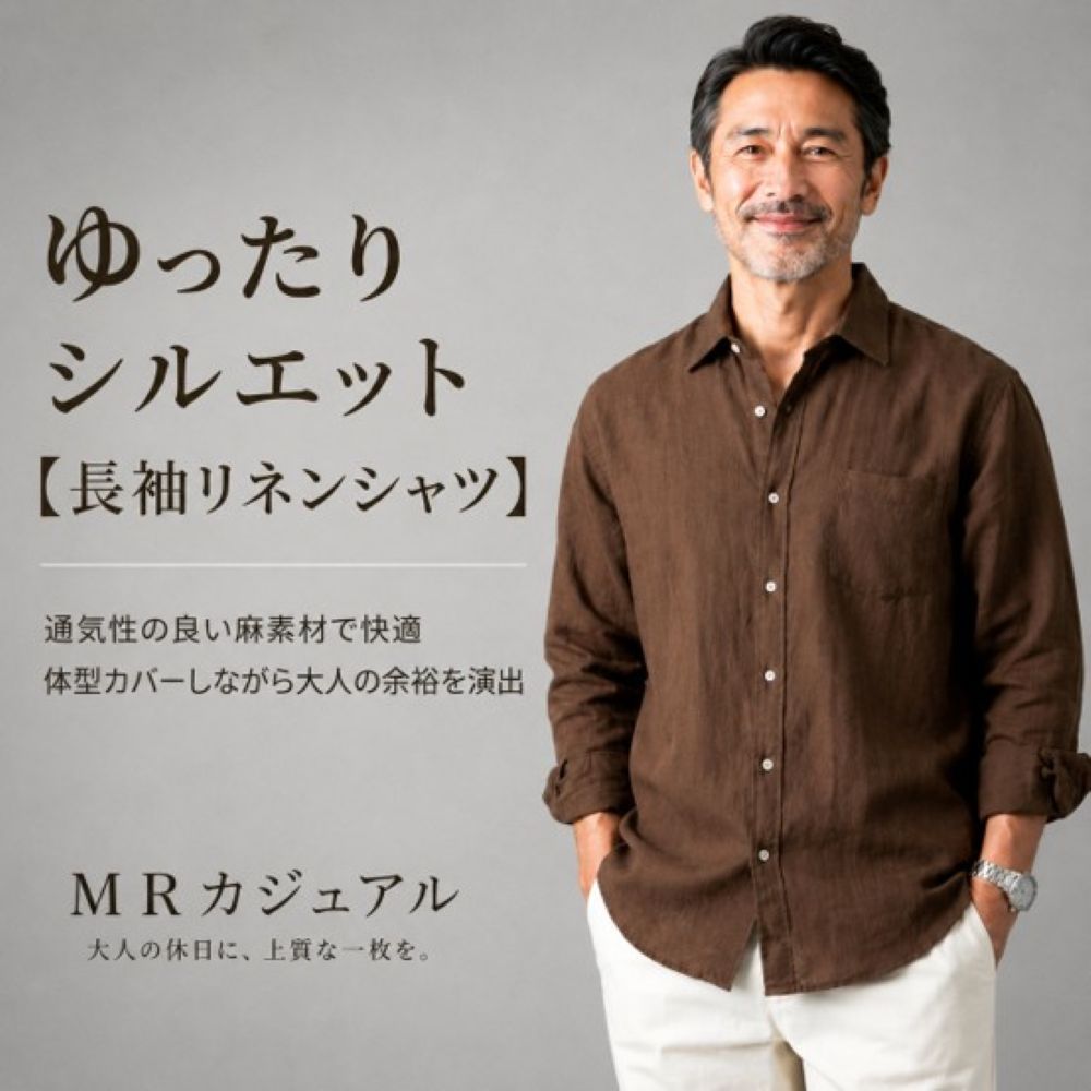 50代メンズファッション ゆったりシルエット【長袖リネンシャツ】