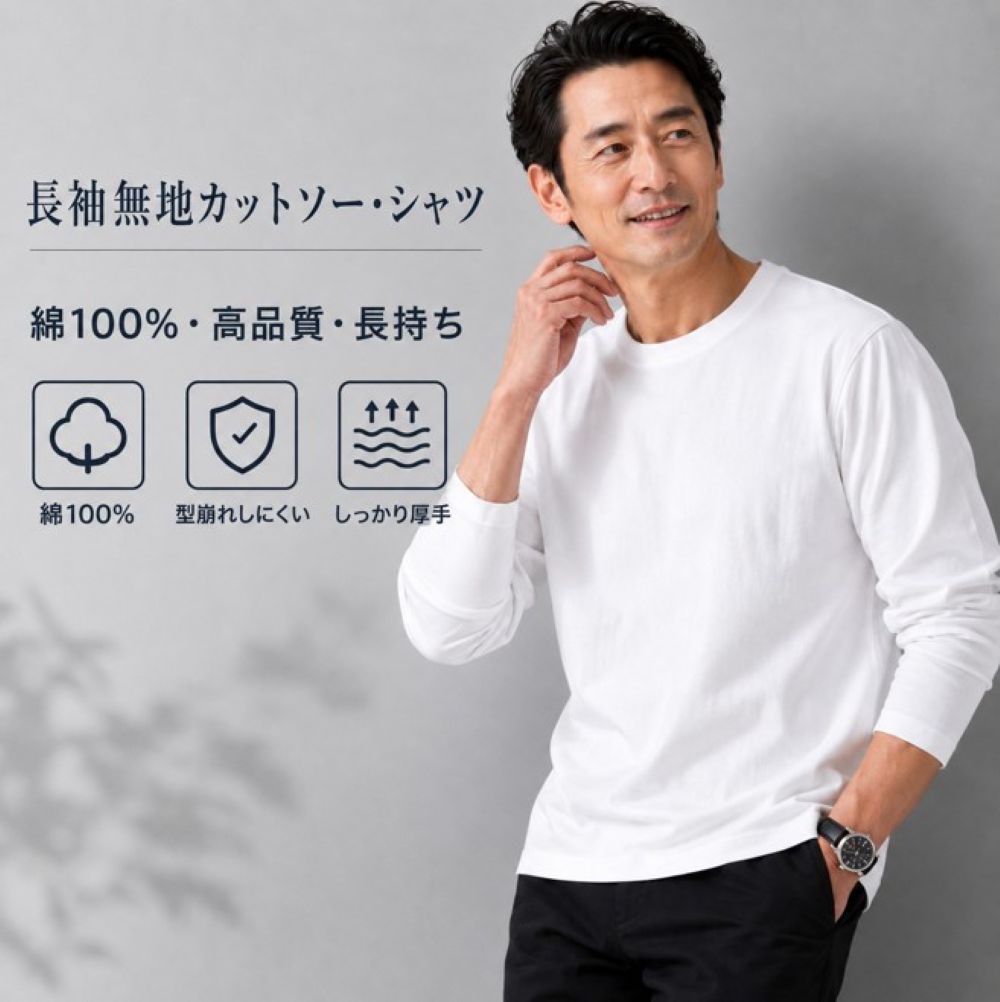 50代メンズファッション コットン100%【長袖無地カットソー・シャツ】