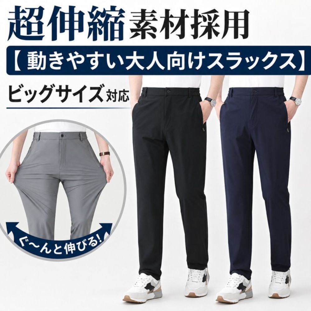 50代メンズファッション 超伸縮素材採用【 動きやすい大人向けスラックス】ビッグサイズ対応