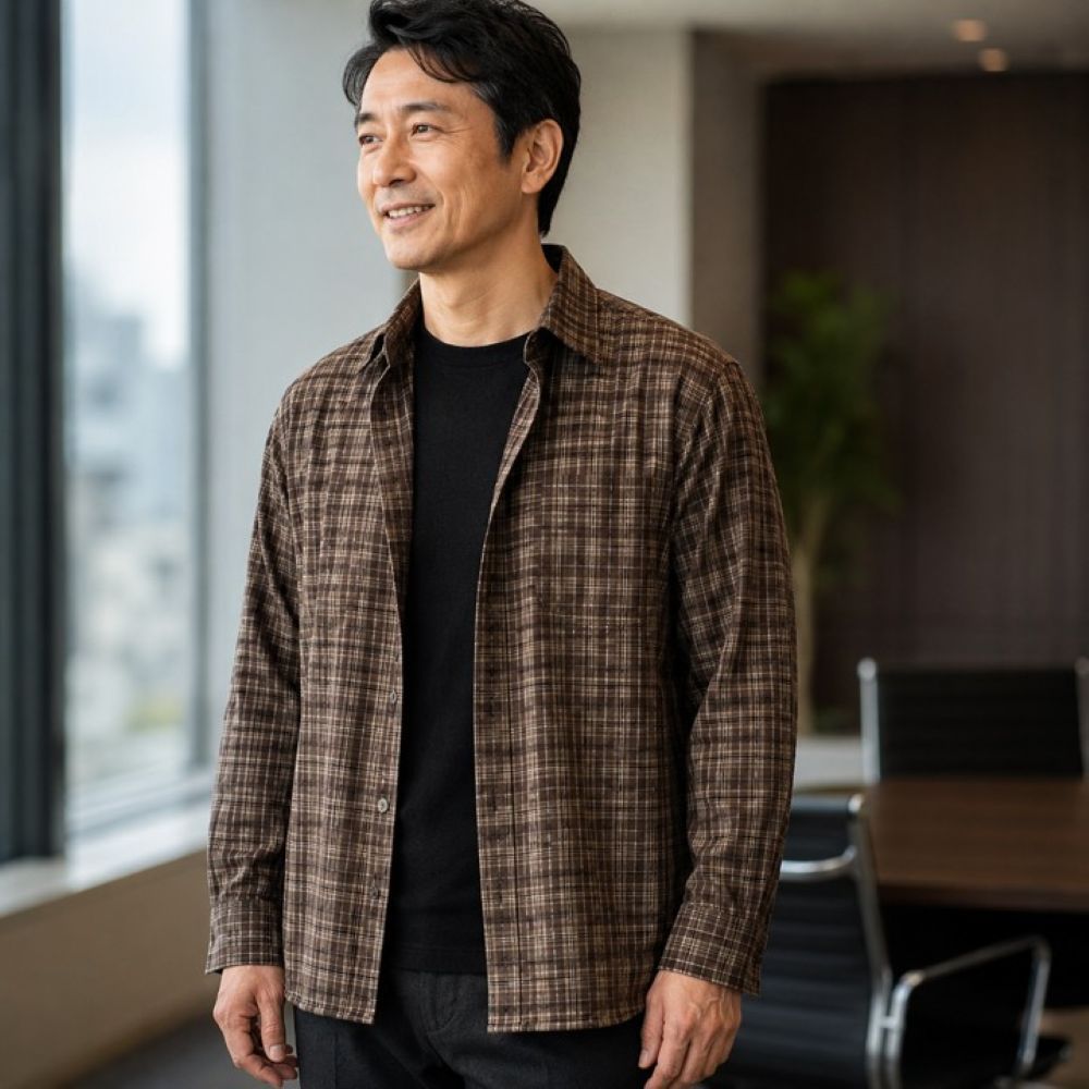 50代メンズファッション トップス ゆったりシルエット 【チェック柄 長袖シャツ】