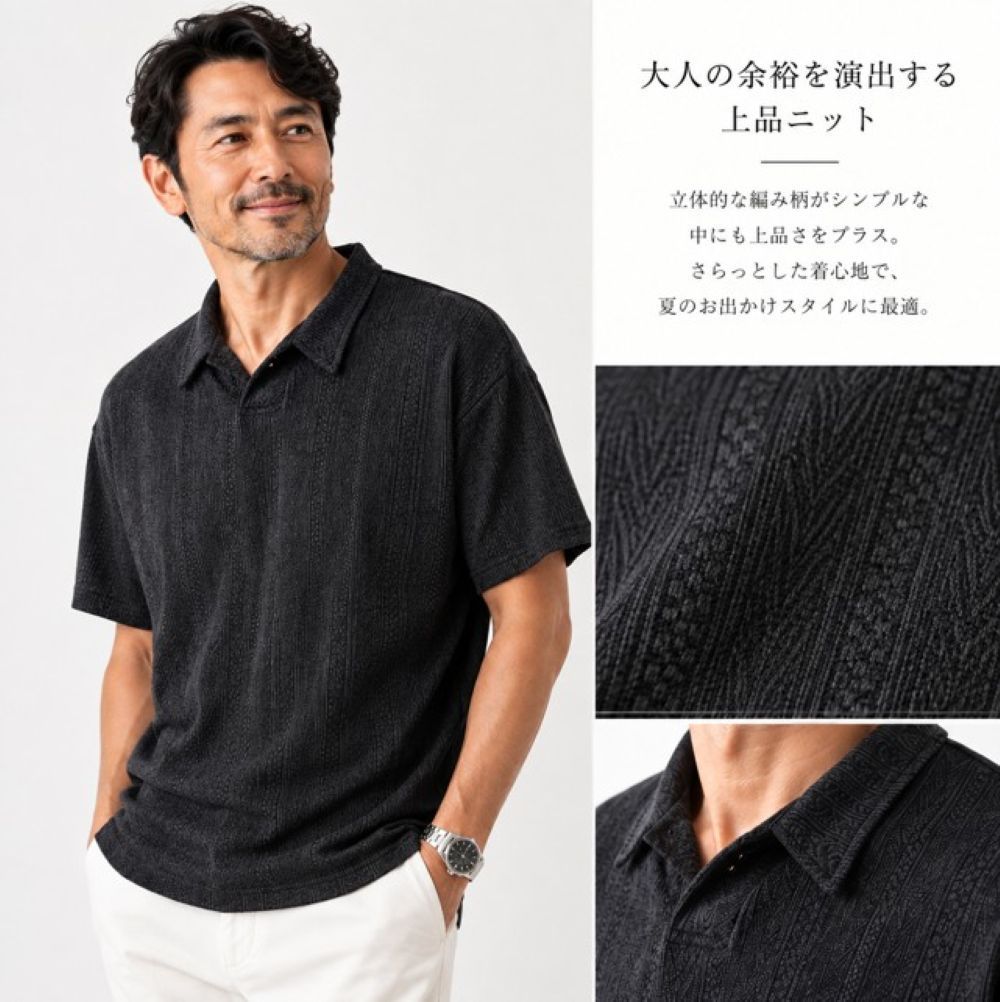 50代メンズファッション 【ニット半袖編み柄ポロシャツ】
