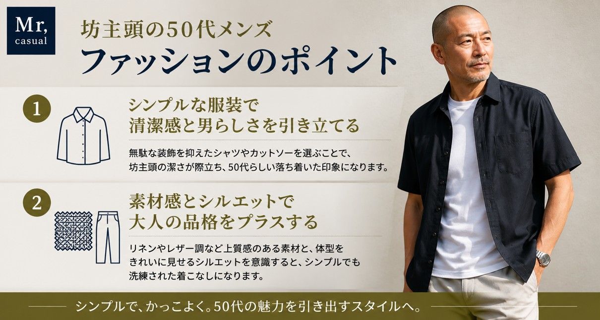 坊主頭で男らしさを演出!50代メンズのシンプルファッションで魅せる大人の品格10選